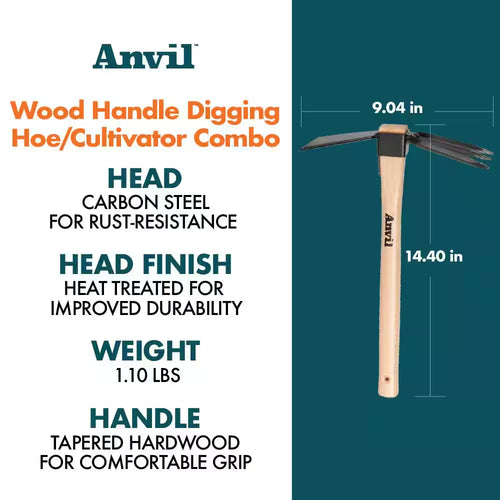 14-2/5 In. Wood Handle Digging Hoe/Cultivator Combo