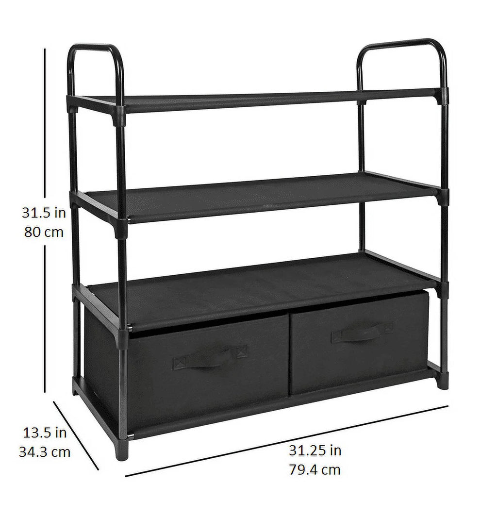 4 Shelf Closet Storage Organizer for Clothes with 2 Fabric Bins, Black, Metal Frame